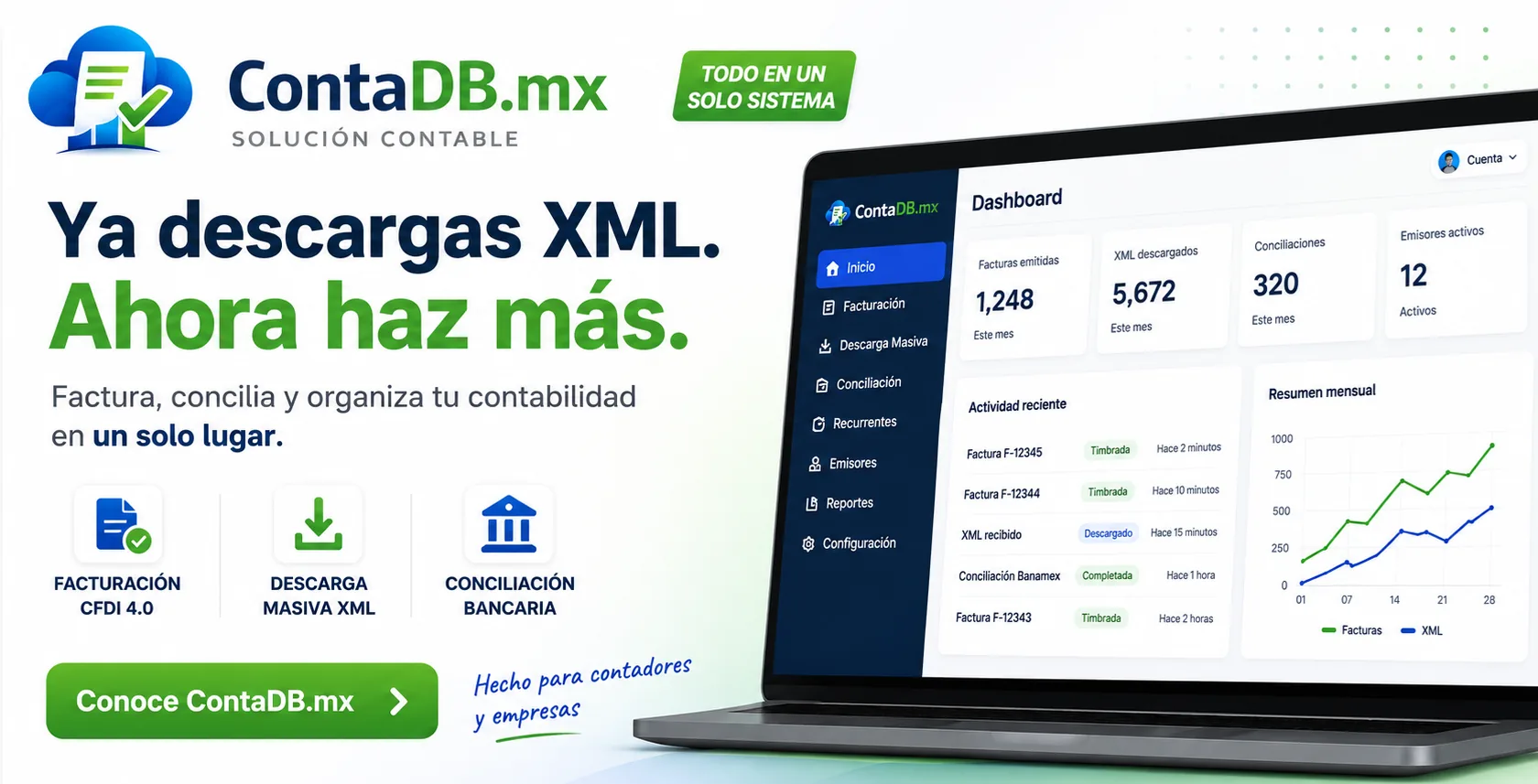 ContaDB.mx — Ya descargas XML. Ahora haz más: facturación CFDI 4.0, descarga masiva XML y conciliación bancaria en un solo sistema.